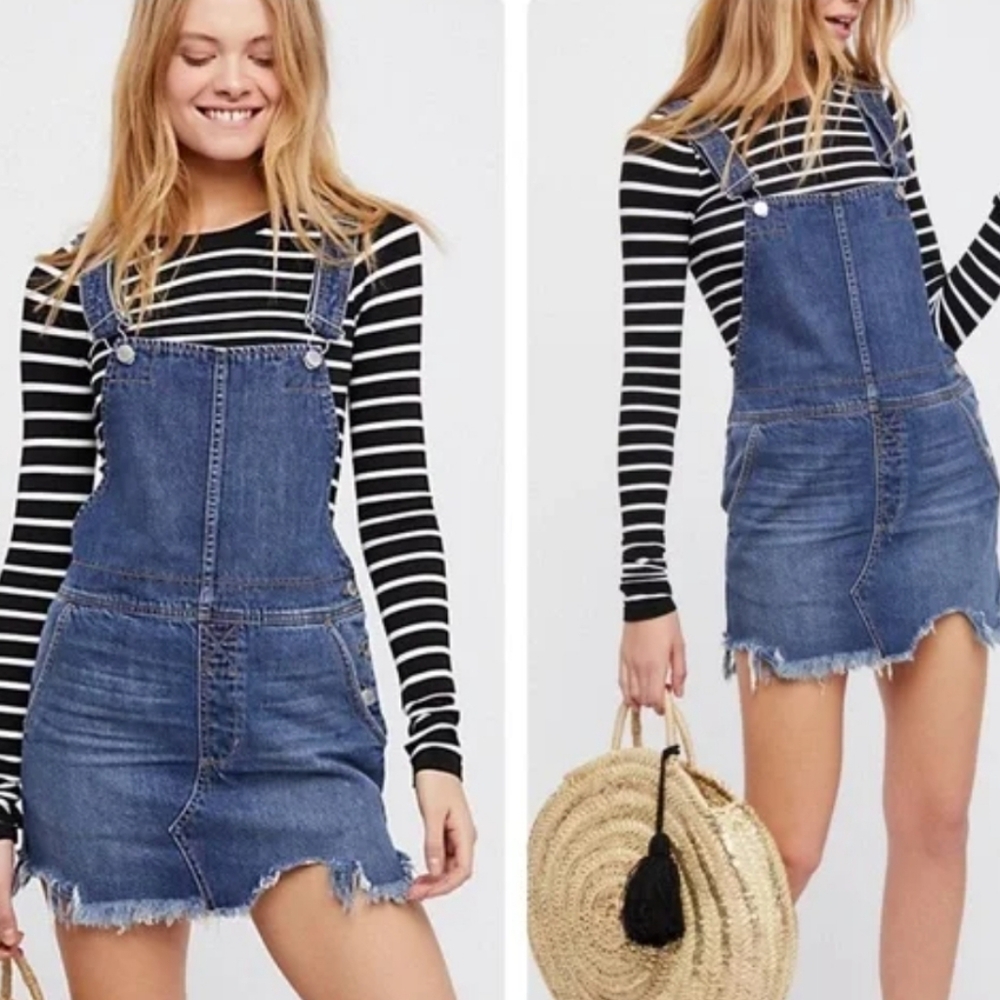 Free People Torn Up Distressed Denim Jumper Overall Dress Size 0 Blue Cotton